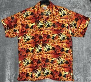 Rima St. Kitts Hawaiian Large Mens Aloha Shirt Tropical Floral Palm Sunset Beach